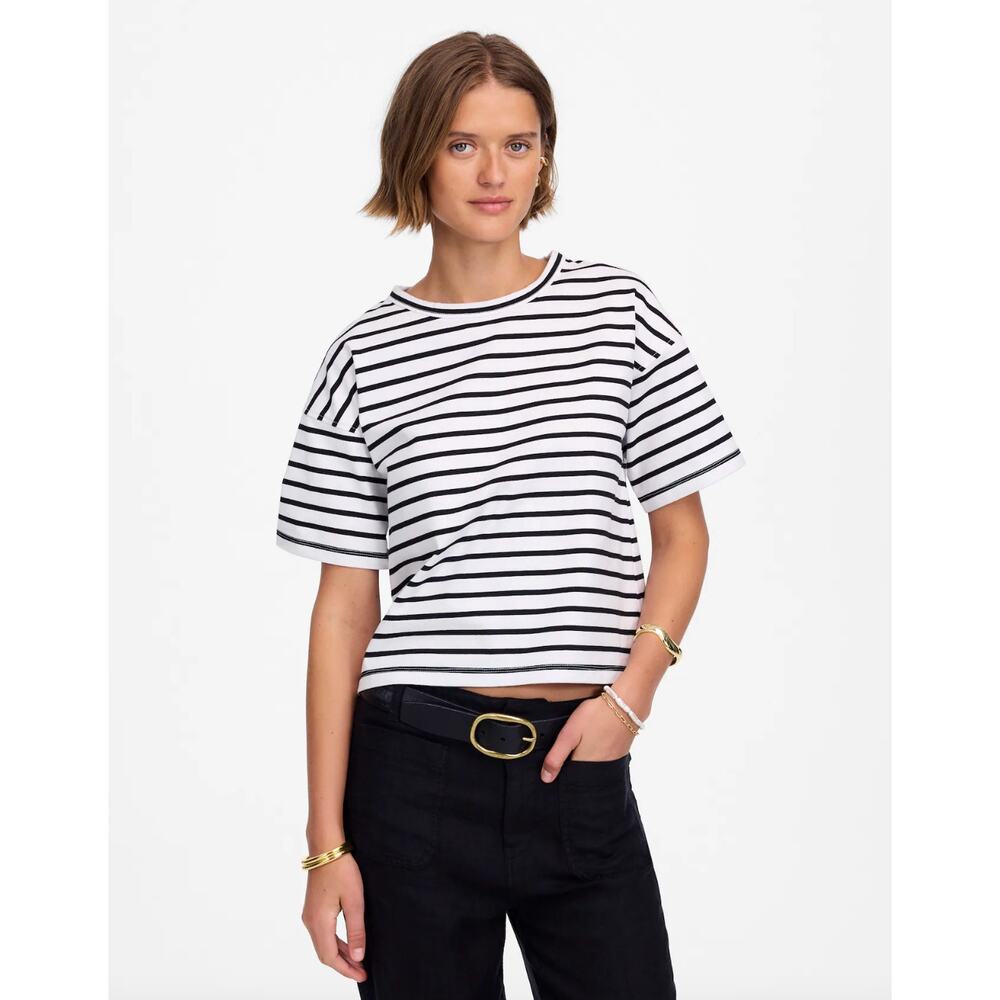 Madewell Everyday Boxy Crop Tee Short Striped Cotton White Relaxed XXS NWT